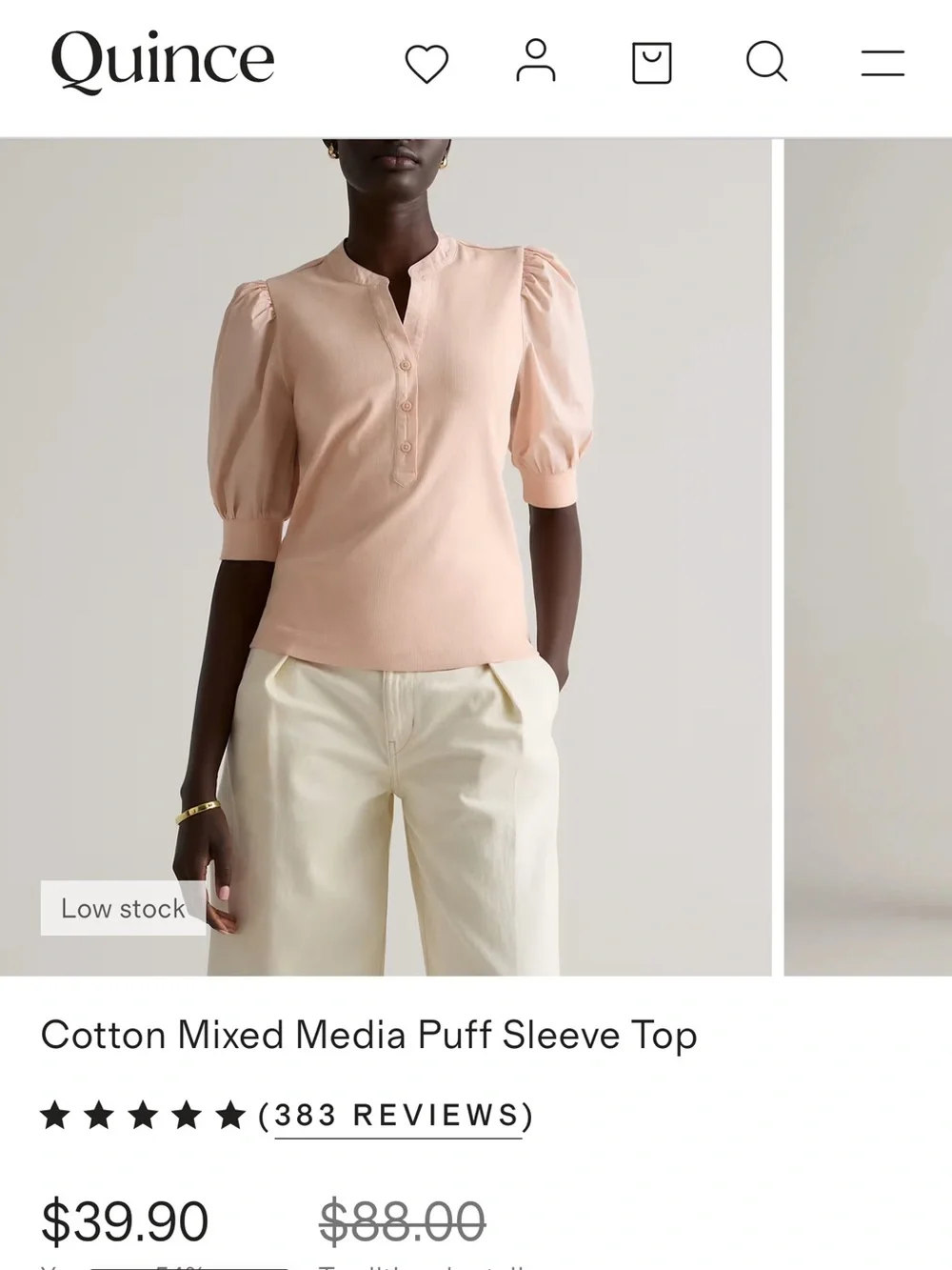Quince Puff Sleeve Henley Top in Blush Pink - Picture 1 of 8